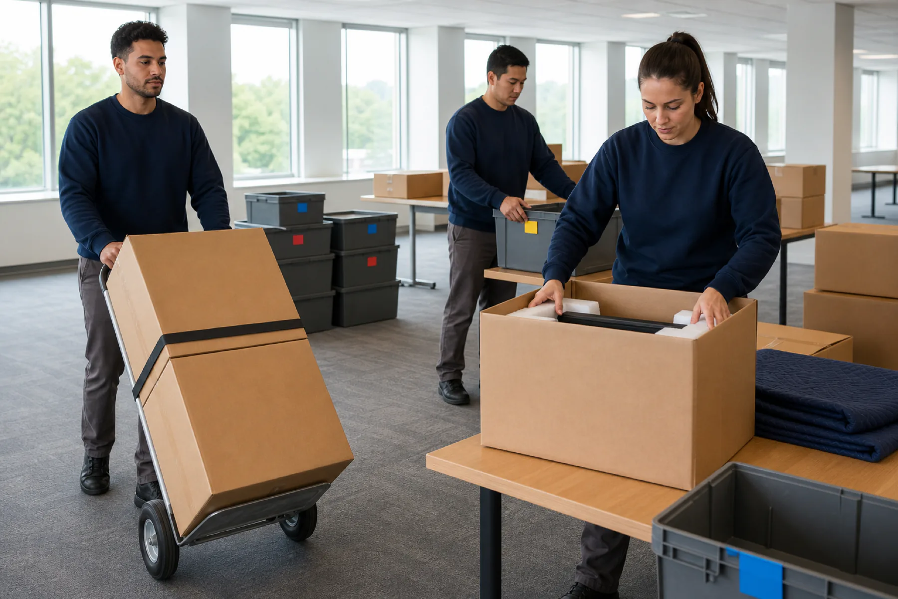 A fictional office move with protected monitor cartons, labeled crates, and a moving dolly